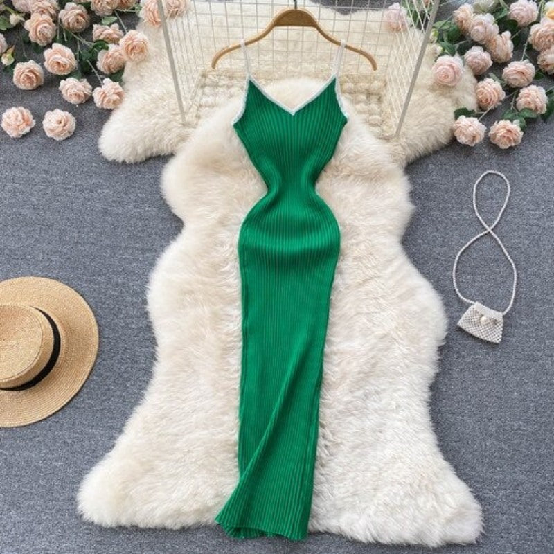 V Neck Knitted Hollow Sleeveless Dress For Women Green One Size