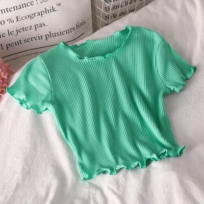 Korean Slim Curl Short Stripe T-Shirts For Women Green One Size