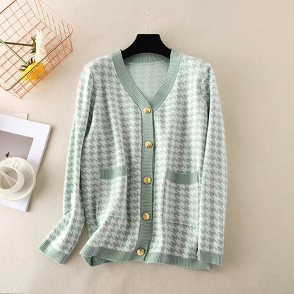 Elegant Houndstooth Knit Oversized Cardigan For Women Green One Size