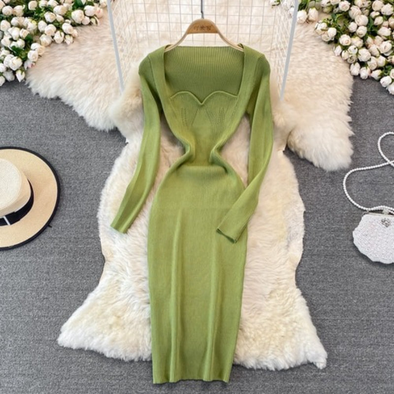 Women's Low-Neck Leaky Tight Stretch Knitted Dress Green One Size