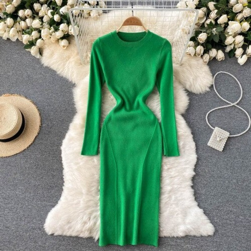 Elegant O Neck Tight Stretch Knit Dress For Women Green One Size