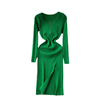 Slim Fit Knitted Long Sleeved Zipper Dress Green One Size