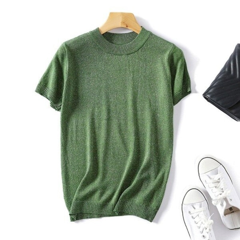 Shiny Knitted Slim O-Neck Sweater Shirt For Women Green One Size