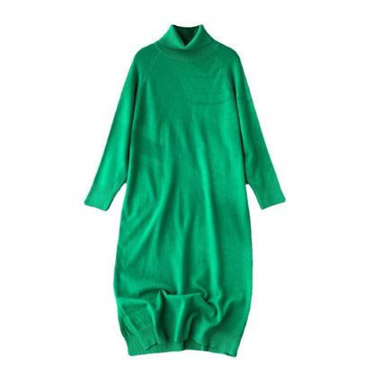 Loose Turtleneck Knitted Long Sleeve Sweater Dress One Size Green