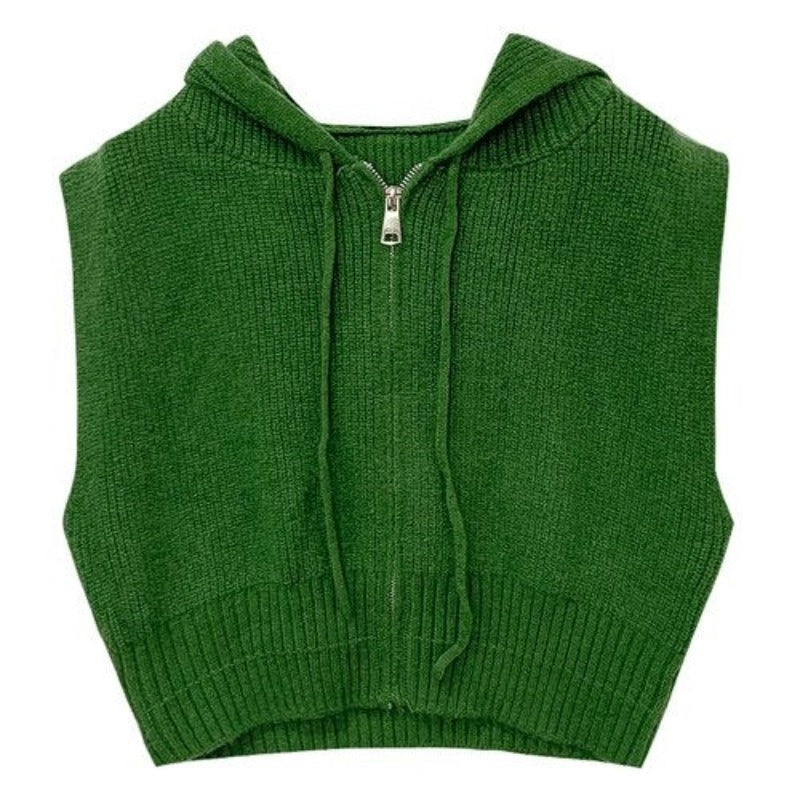 Loose Zipper Knitted Hooded Sweater Vest For Women Green One Size