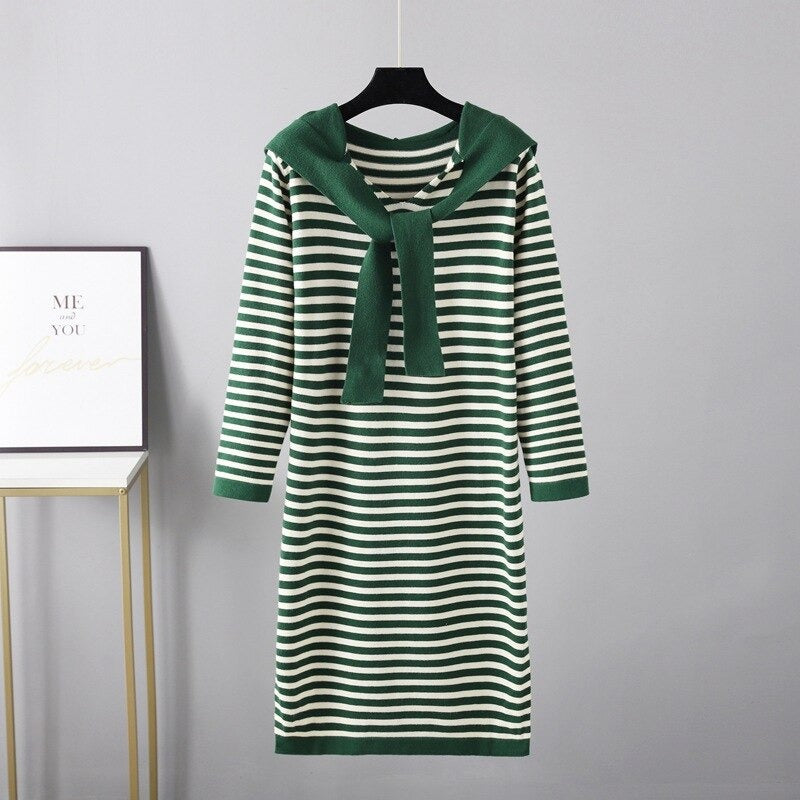 Women's Hooded Loose Striped Sweater Dresses With Shawl One Size Green