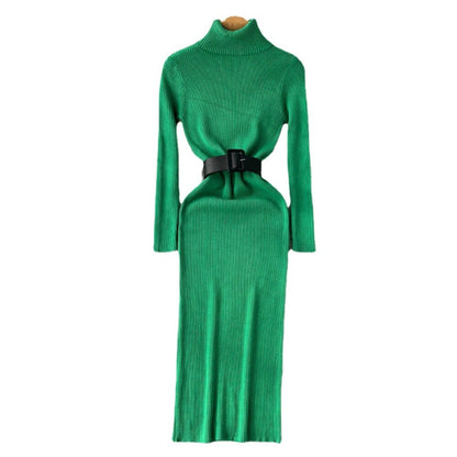 Long Turtleneck A-Line Knitted Bodycon Dress With Belt One Size Green