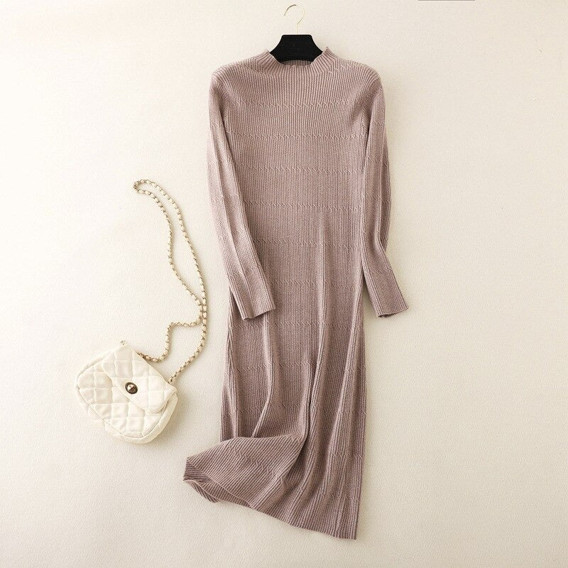 Mock Neck Slim A-Line Sweater Dress One Size Khaki