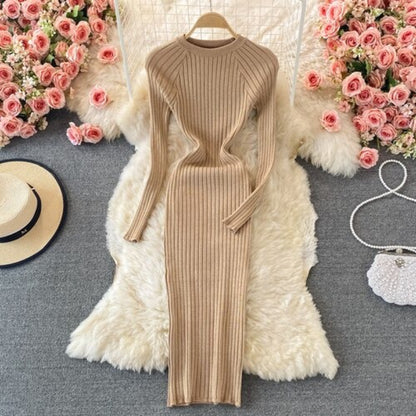 O-Neck Winter Knitted Bodycon Sweater Dress Beige One Size