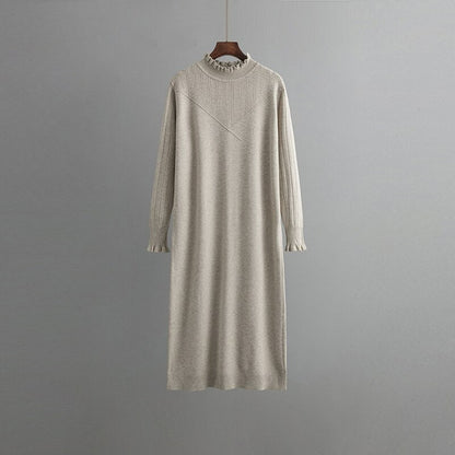 Loose Turtleneck Elastic Sweater Knitted Dress For Women Khaki