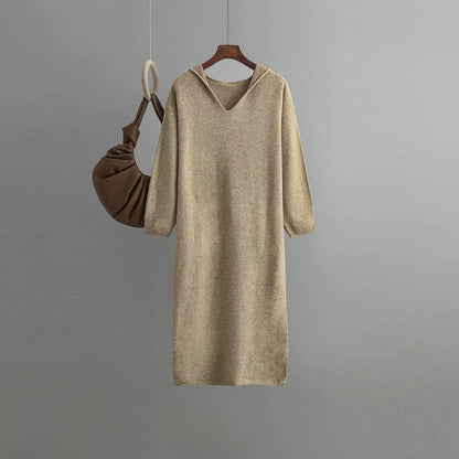 Casual Hooded Long Sweater Dress For Women Khaki One Size