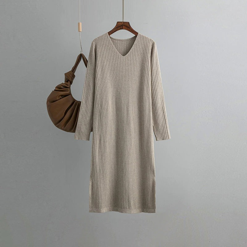 Long Sleeve Over Knee Sweater Dress For Women Khaki One Size