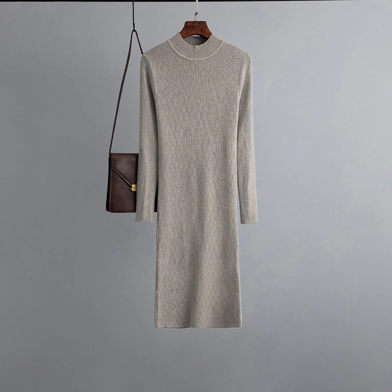 Knee-Length Ribbed Casual Sweater Dress For Women Khaki One Size