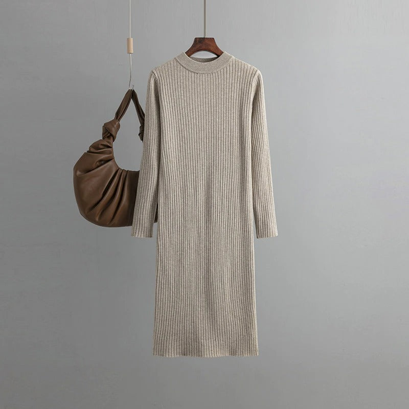 Basic O-Neck Loose Sweater Dress For Women Khaki One Size