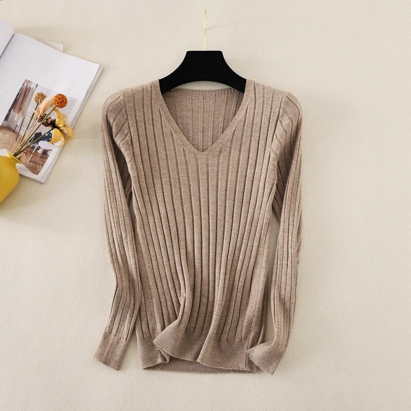 Basic V-Neck Solid Bodycon Knitted Sweater For Women Khaki One Size