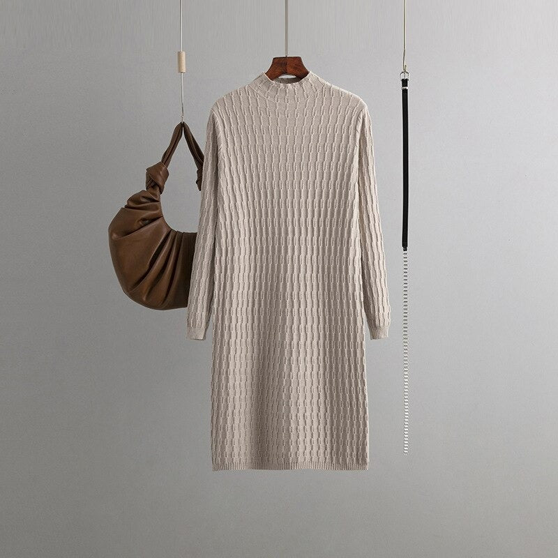 Casual Loose Knitted Long Sweater Dress With Belt One Size Beige