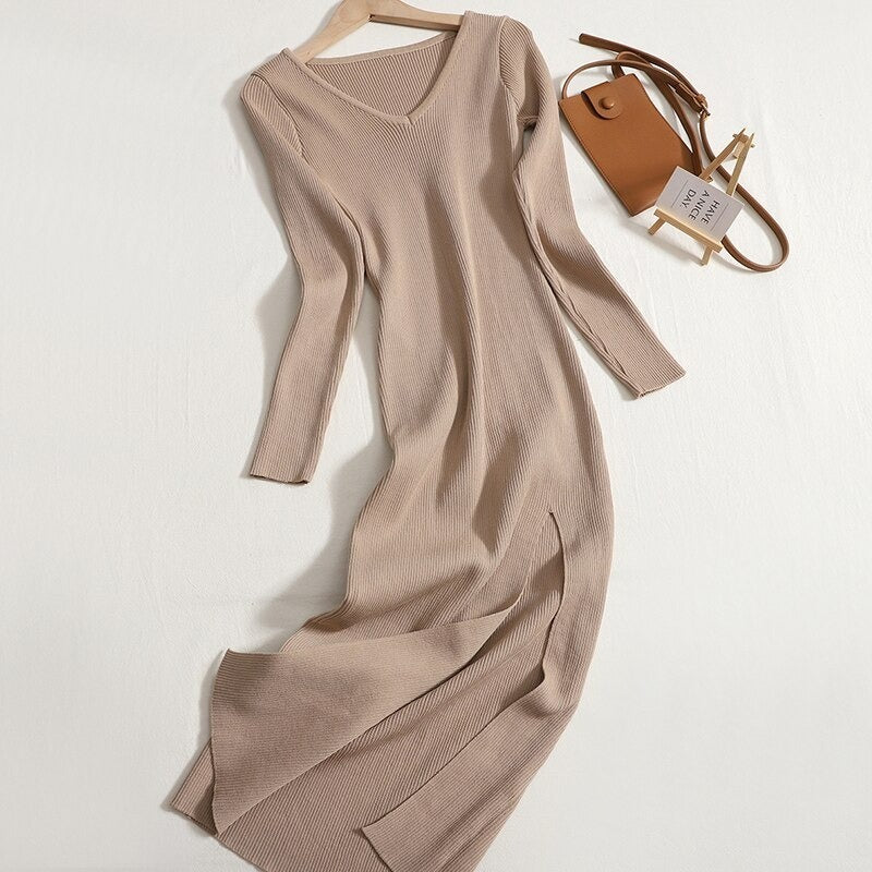 V-Neck Knitted Slim Dress For Women Khaki One Size