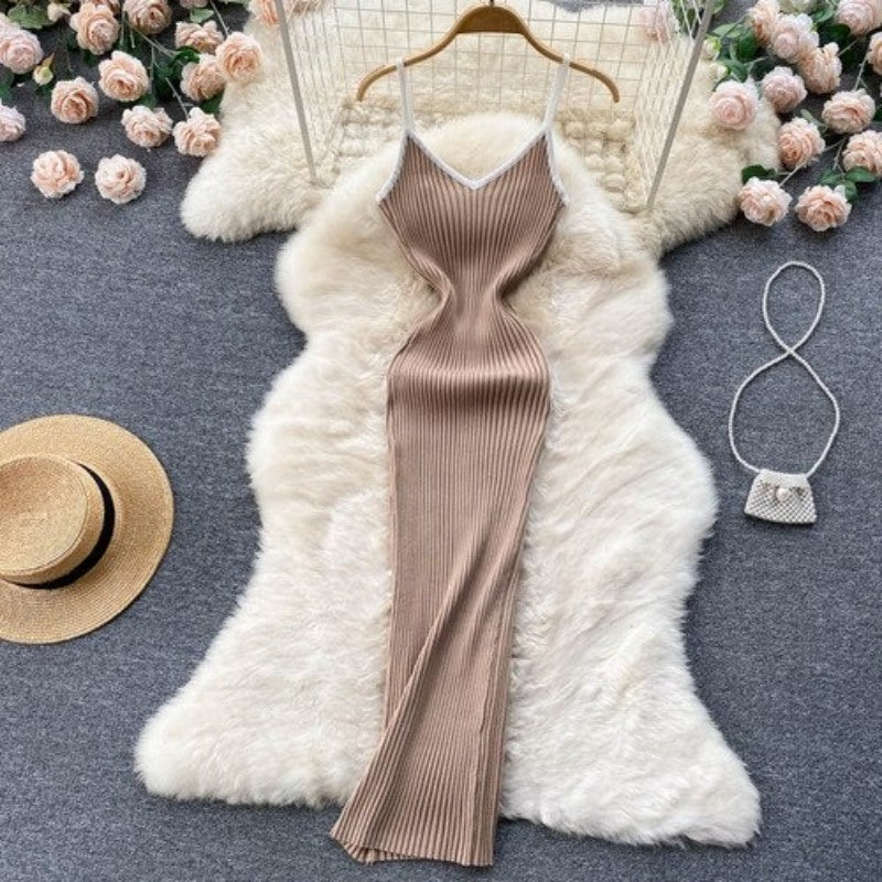 V Neck Knitted Hollow Sleeveless Dress For Women Khaki One Size