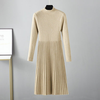 Half-Turtleneck Knitted Ribbed Warm Sweater Dress One Size Beige