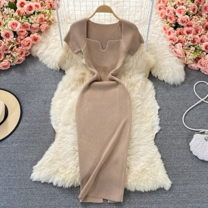 Knitted Square Neck Slit Slim Dress Beige One Size