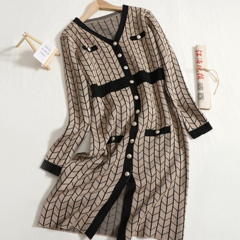 Mid-Length V-Neck Plaid Knitted Split Dress One Size Khaki