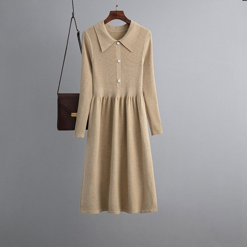 Long Pleated V-Neck A-Line Knitted Sweater Dress One Size Khaki