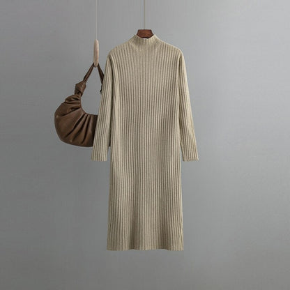 Turtleneck Tunic Knitted Slim Fit Sweater Dress One Size Khaki