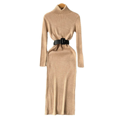 Long Turtleneck A-Line Knitted Bodycon Dress With Belt One Size Khaki