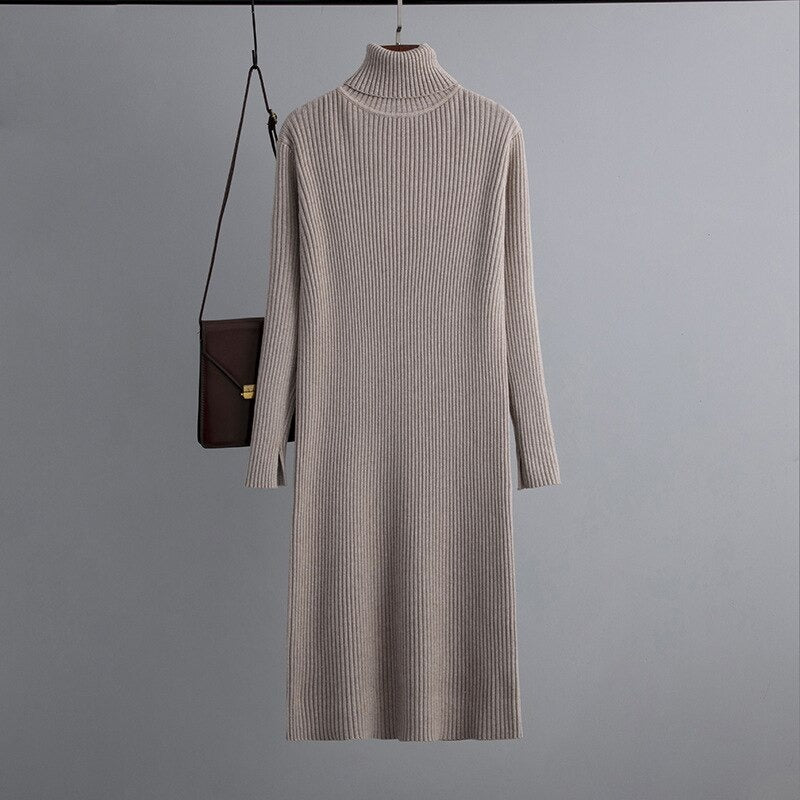 Turtleneck Ribbed Sweater Long Dress Khaki One Size