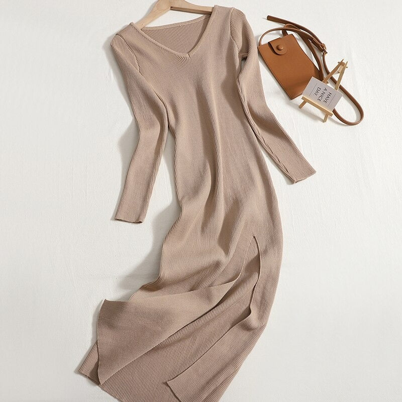 V-Neck Knitted Slim Long Sheath Knitted Dress Khaki