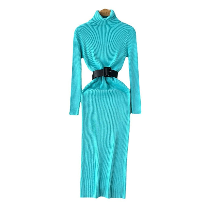 Long Turtleneck A-Line Knitted Bodycon Dress With Belt One Size Blue