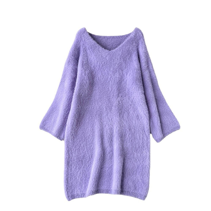 Loose V-Neck Vintage Knitted Sweater Dress One Size Lavender