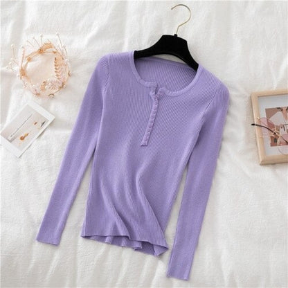 V-Neck Knitted Thin Long Sleeves Pullover For Women Purple One Size