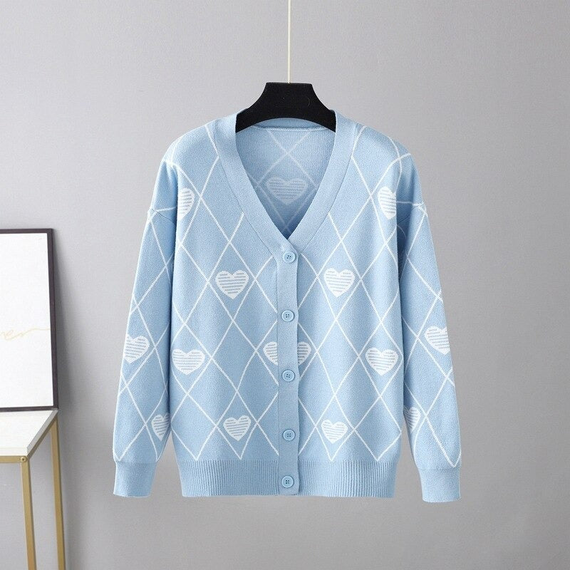 Warm Loose V-Neck Knitted Cardigan For Women Light Blue One Size