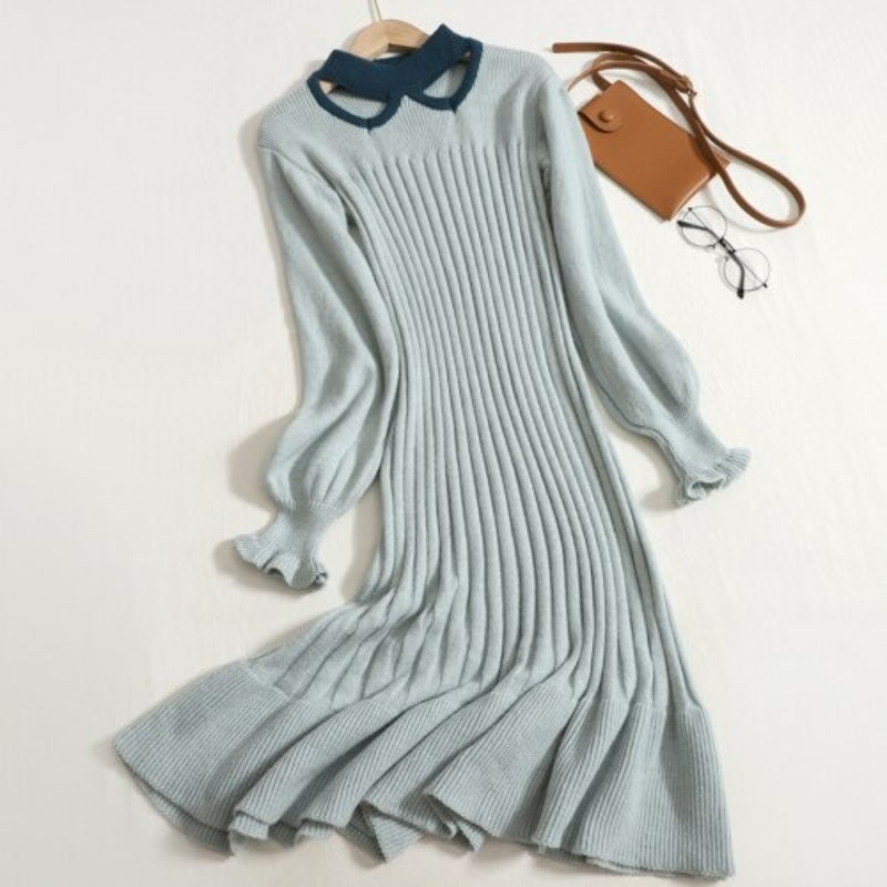 Hollowed Out Collar Ruffles Knitted Sweater Dress One Size Gray