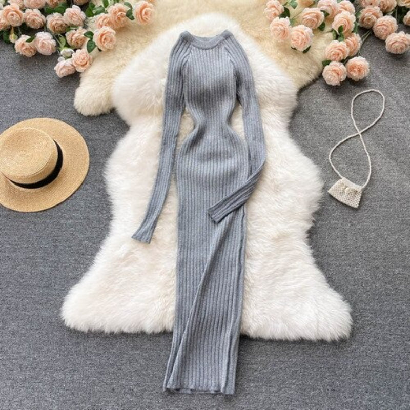 O-Neck Elastic Warm Knitted Sweater Dress One Size Gray