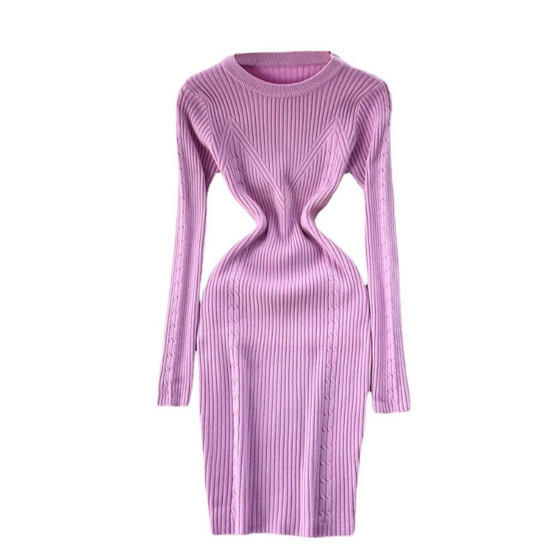 Elegant Winter O-Neck Knit Sweater Dress For Women Light Purple One Size