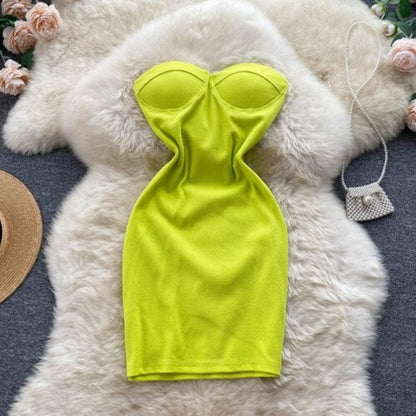 Stylish Club Temperament Strapless Dress For Women Neon Yellow One Size