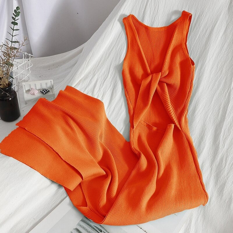 Casual Split Knitted Hollow Sleeveless Dress For Women Orange Red One Size