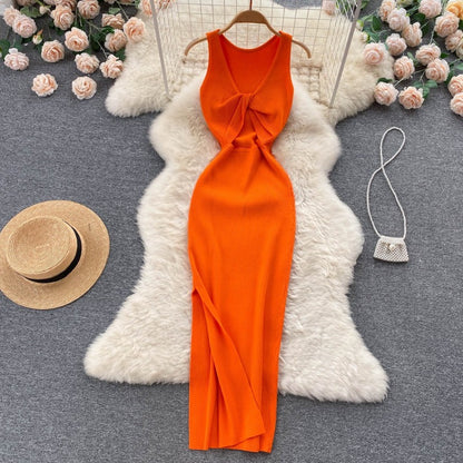 Casual Twisted Korean Long Dress For Women Orange Red One Size