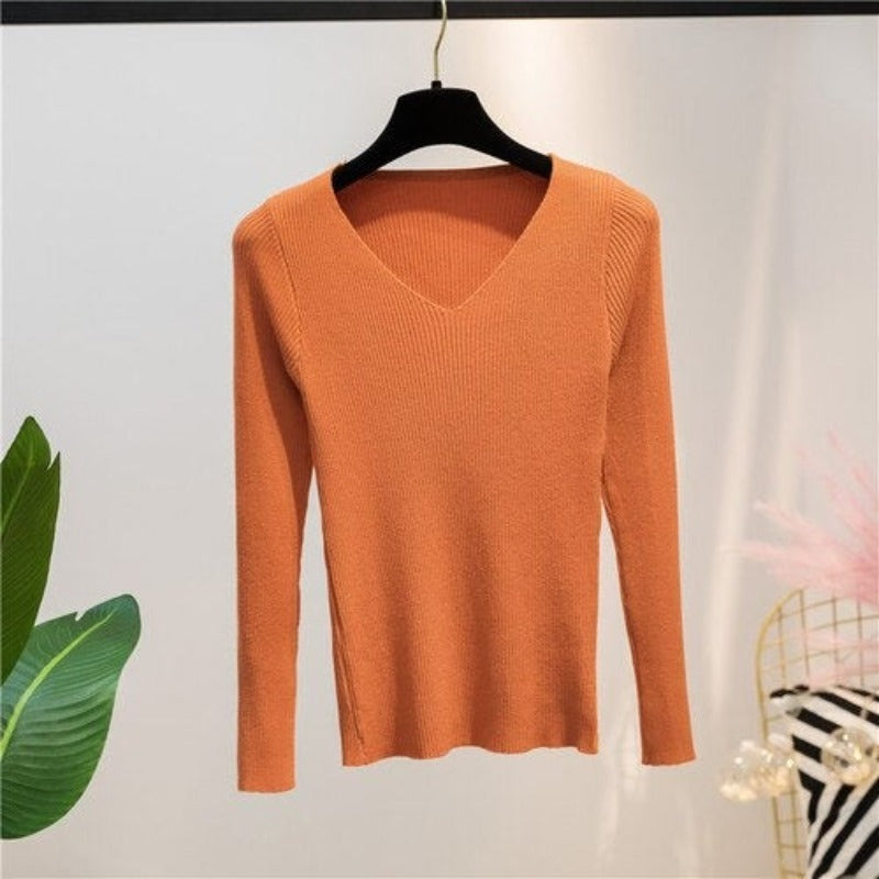 V-Neck Knitted Long-Sleeved Slim Tight Pullover For Women Orange One Size