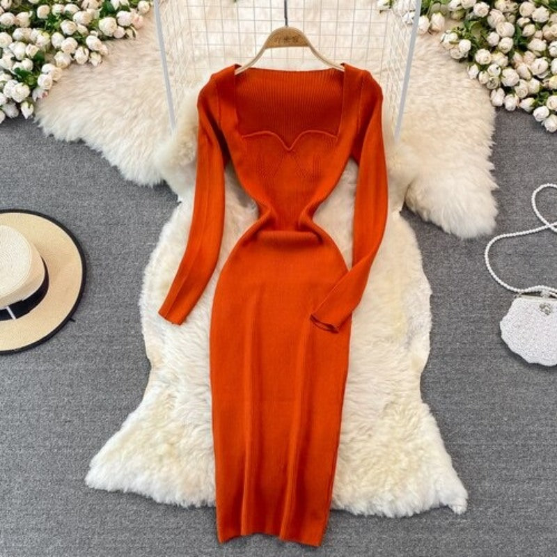 Elegant Low Neck Tight Stretch Knit Dress For Women Orange One Size