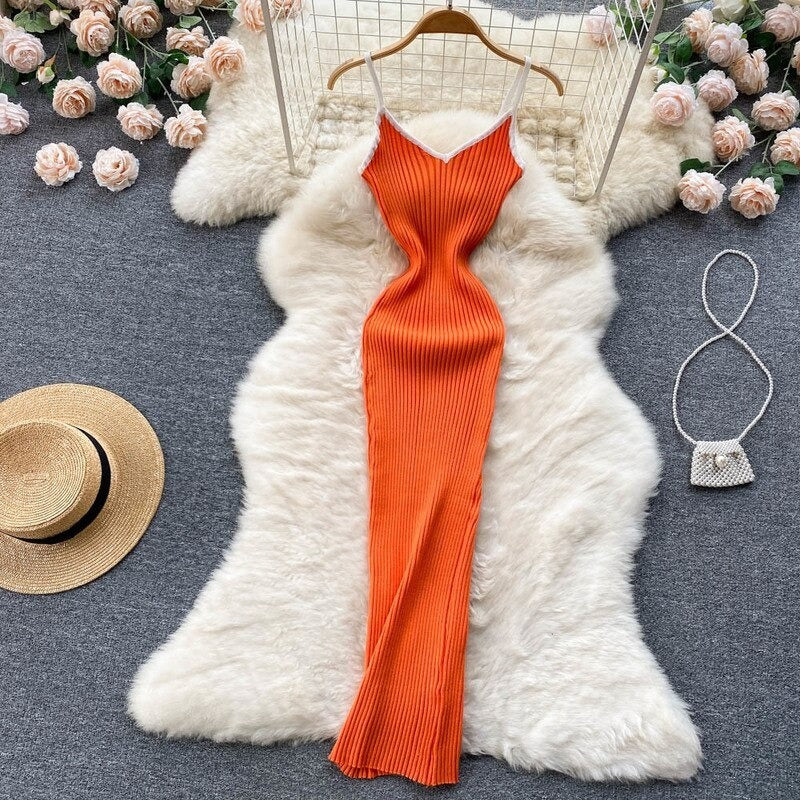 V Neck Knitted Hollow Sleeveless Dress For Women Orange One Size