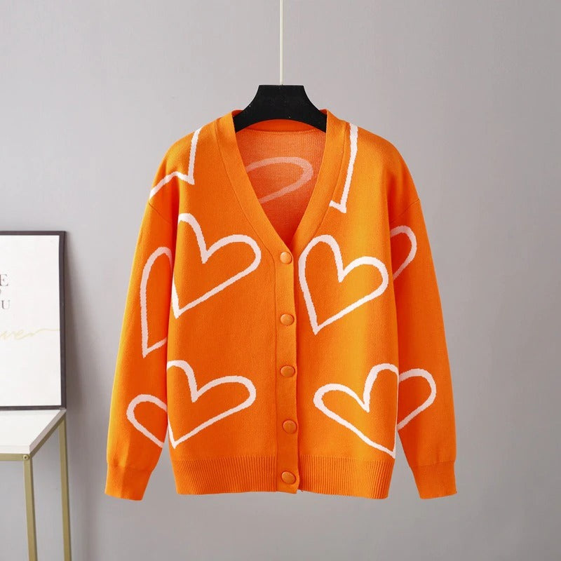 Heart Pattern Knit Oversized Drop Shoulder Cardigan Orange One Size