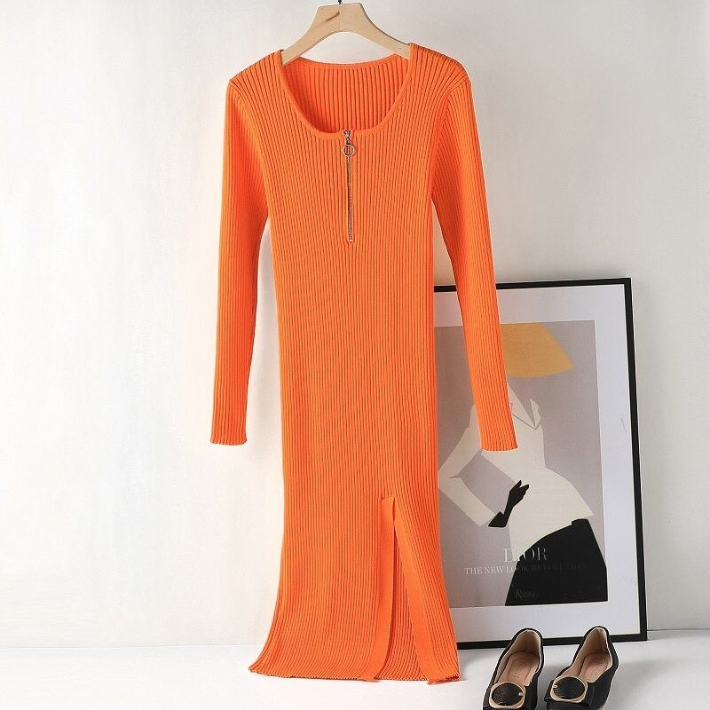 Slim Fit Knitted Long Sleeved Zipper Dress