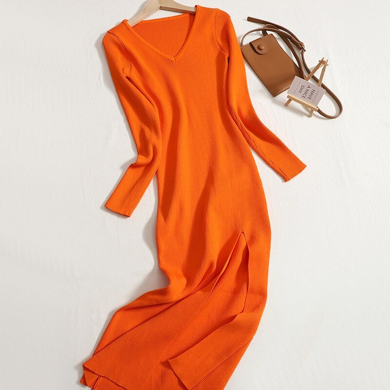 V-Neck Knitted Slim Long Sheath Knitted Dress Orange