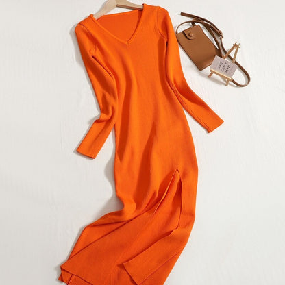 V-Neck Knitted Slim Long Sheath Knitted Dress Orange