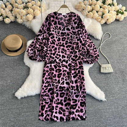 Leopard Print V-Neck Straight Dress For Women Pink One Size