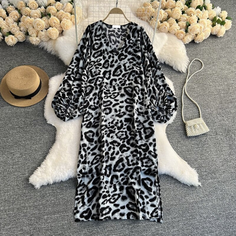 Leopard Print V-Neck Straight Dress For Women White One Size