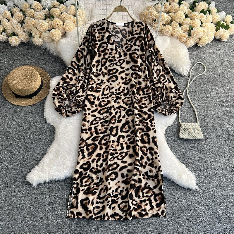 Leopard Print V-Neck Straight Dress For Women Light Brown One Size